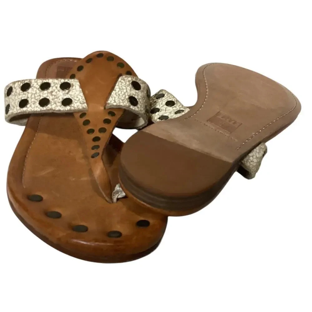 Frye tan leather sandals brass studs on the toe post. Size 8